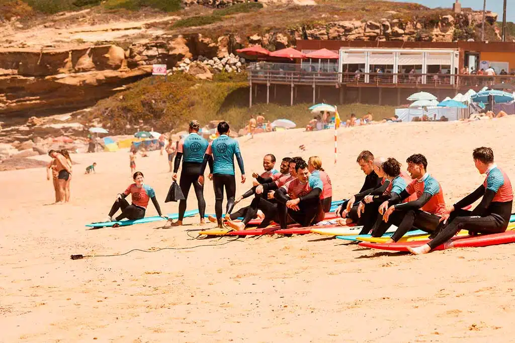 Sea Krew group surf lesson on the beach in Portugal