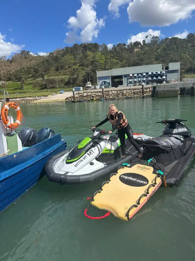 Jet ski with rescue sled ready in Nazaré harbour before a guided tour