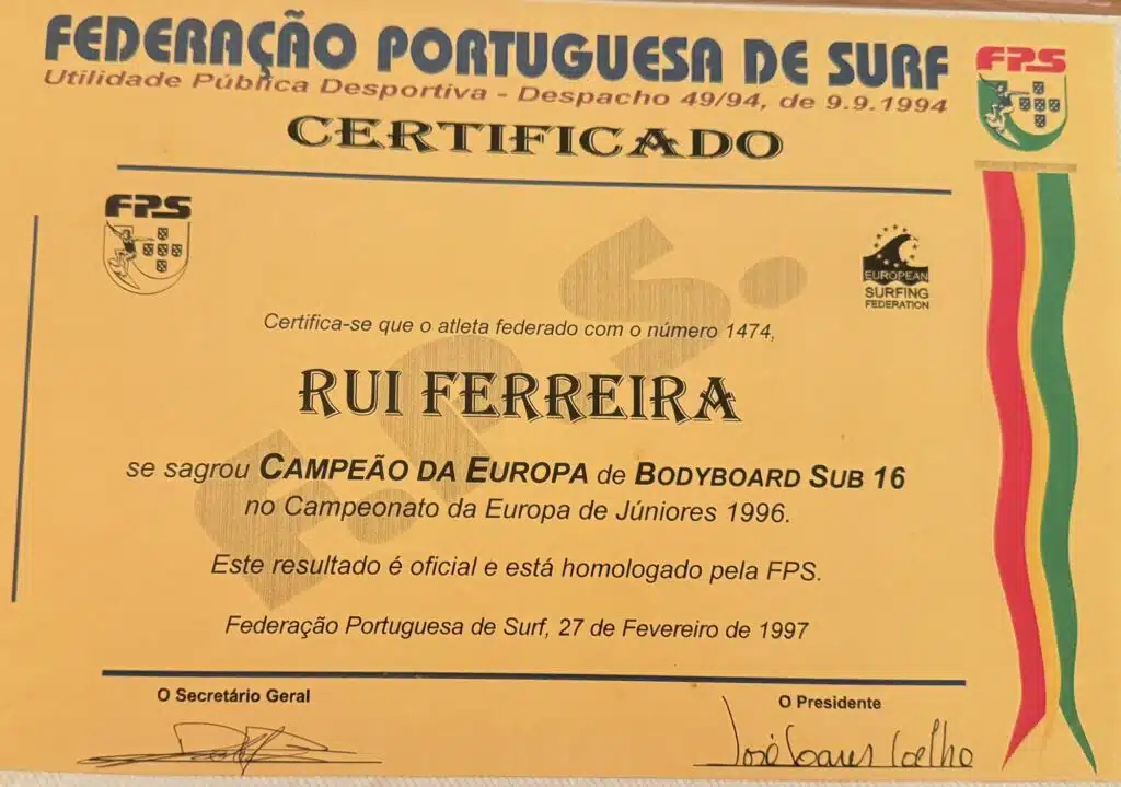 Portuguese Surfing Federation certificate: Rui Ferreira, European under-16 bodyboard champion